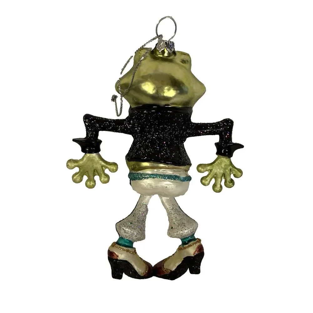 Glass Frog Dancer Christmas Ornament Dressed In Black Jacket, Pants, Shoes 6”